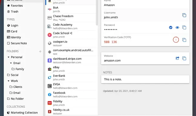 Bitwarden desktop vault with sidebar, item list, and login details